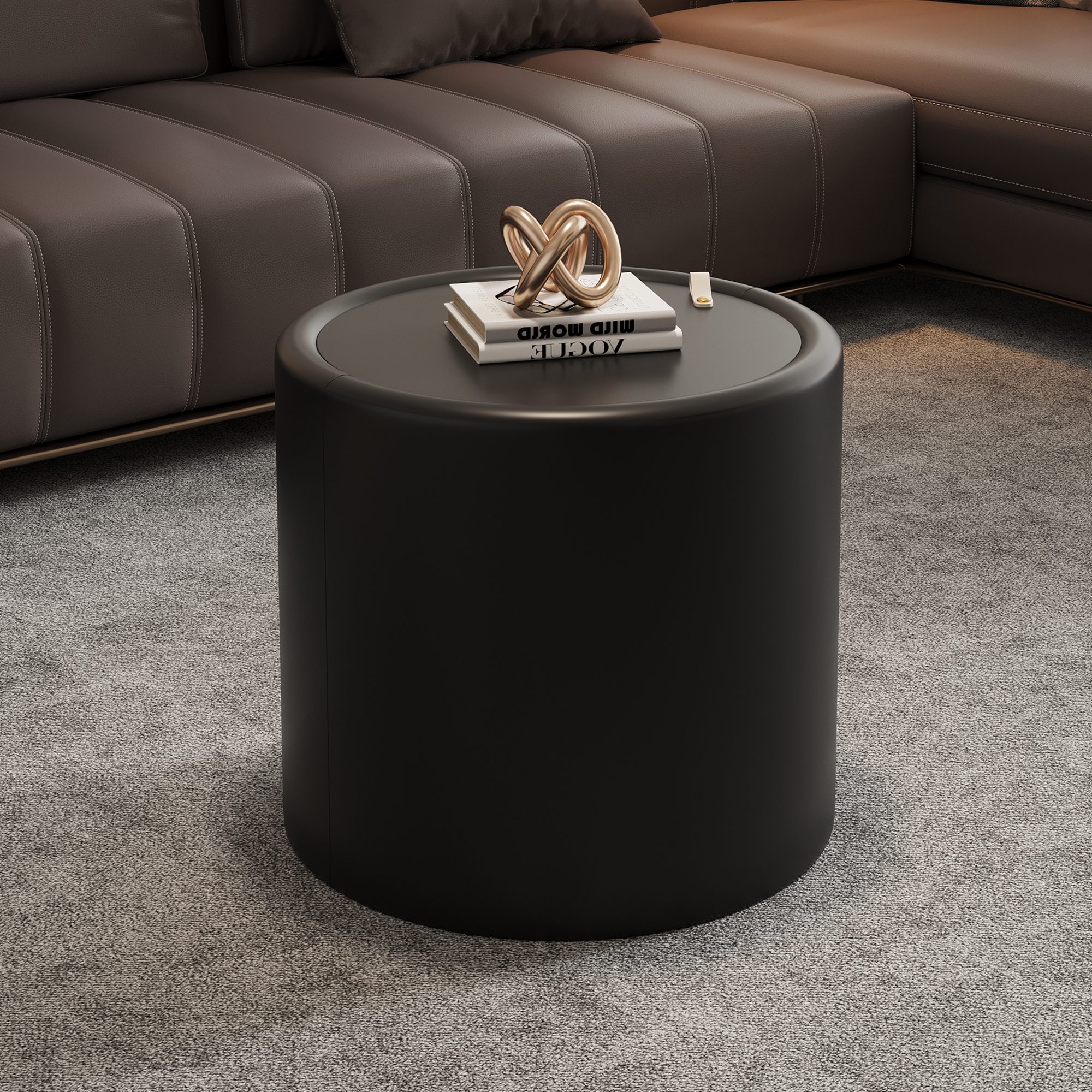 1 Black Round Storage Side Table - Tempered Glass Top & PU Leather Cylinder Accent Table - Image 1