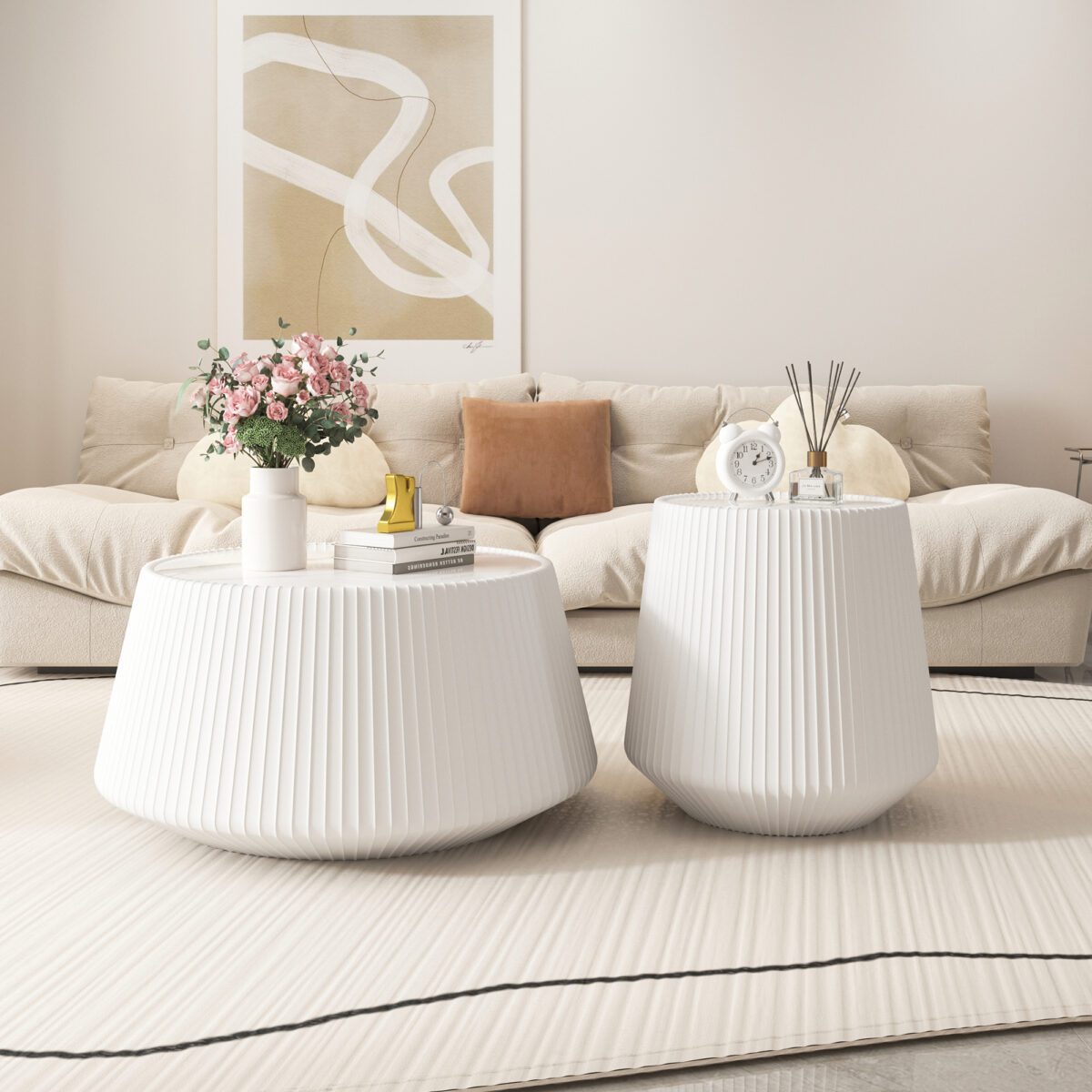 White Round Pleated Coffee Table - Marble Top & PU Leather Base Modern Accent Table - Image 3