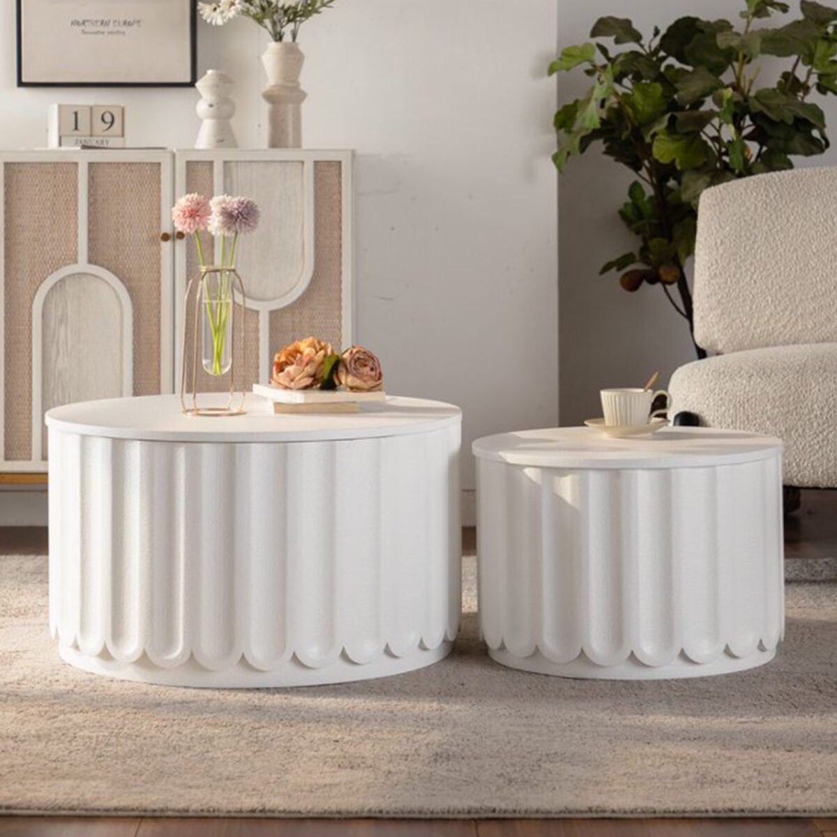 Set of 2 White Fluted Nesting Storage Tables - Modern Round Accent Coffee & Side Tables - Image 3