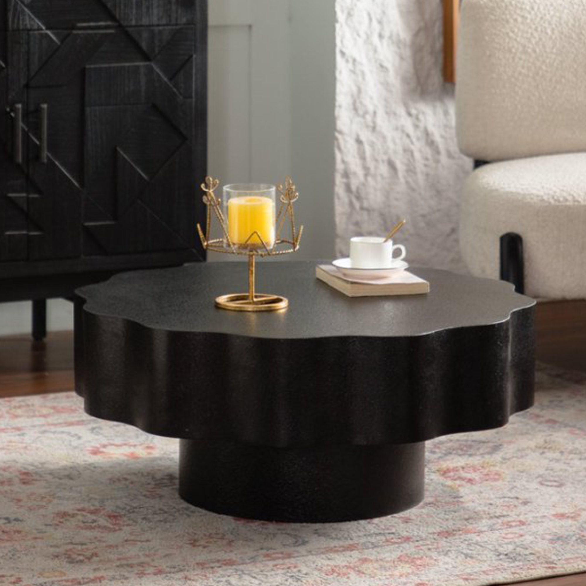 1 Black Scalloped Round Coffee Table - Modern Wavy Edge Accent Table - Image 1