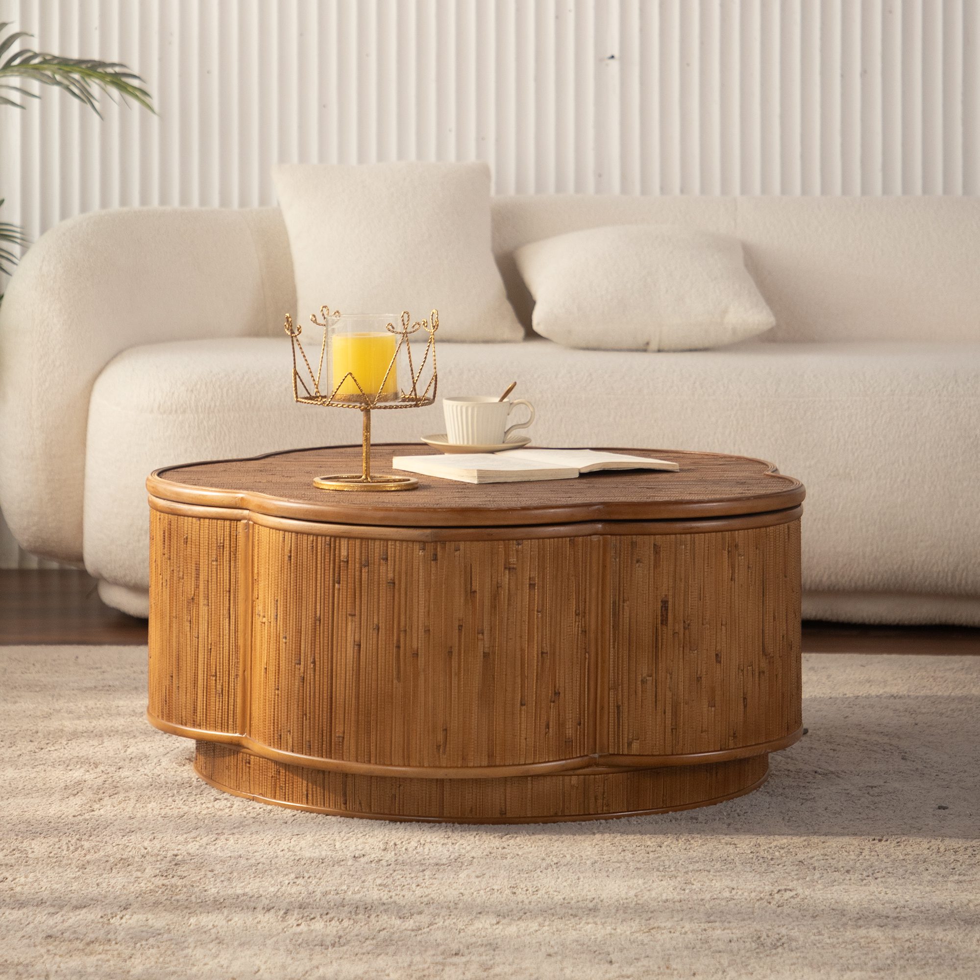 1 Clover-Shaped Bamboo Storage Coffee Table - Woven Bamboo Accent Table with Hidden Compartment - Image 1
