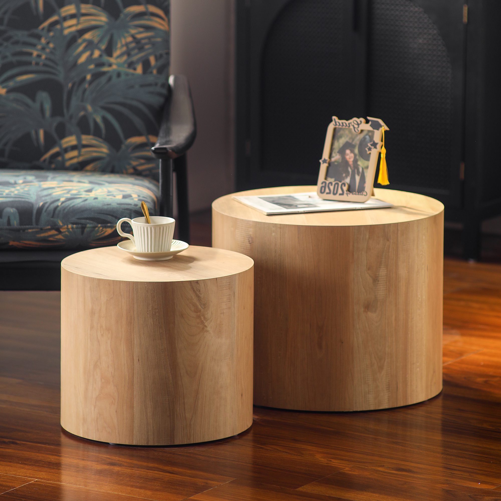 1 Set of 2 Nesting Natural Wood Grain MDF Cylinder Side Tables, Light Tone Drum Accent Table Set - Image 1