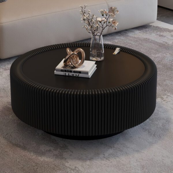 Black Pleated Round Coffee Table - Tempered Glass Top & PU Leather Fluted Accent Table