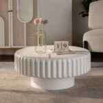 White Fluted Round Storage Coffee Table - Modern Ribbed Accent Table with Lift-Off Lid
