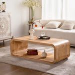Rounded Open-Frame Coffee Table - Natural Wood-Look Accent Table with Open Lower Shelf