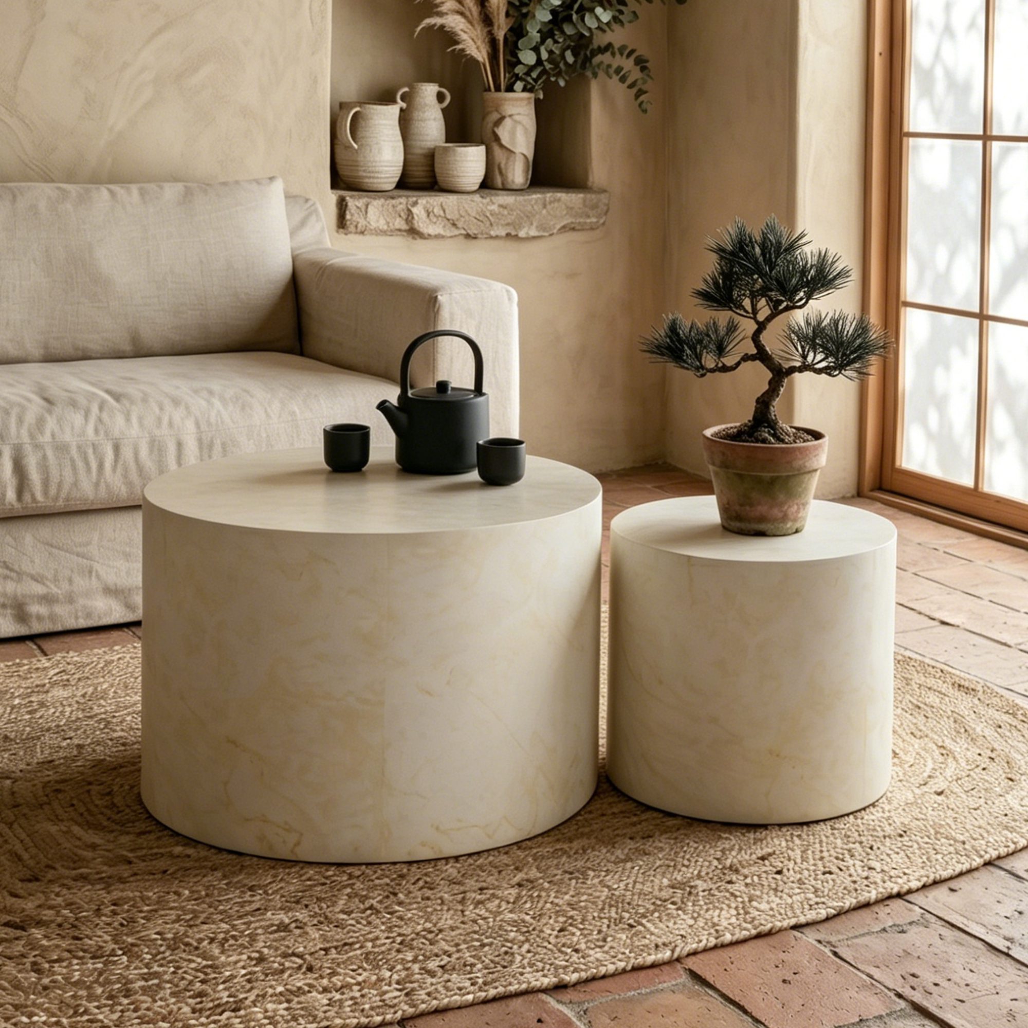 1 Set of 2 Cream Marble-Effect Cylinder Nesting Coffee Tables - Minimalist Accent Side Tables - Image 1