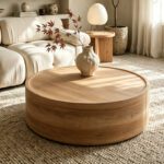 Large Round Drum MDF Coffee Table with Natural Wood Grain Veneer, Minimalist Low Profile Living Room Center Table