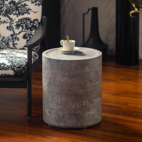 Dark Gray Concrete-Effect Cylinder Side Table - Industrial Minimalist Accent Table