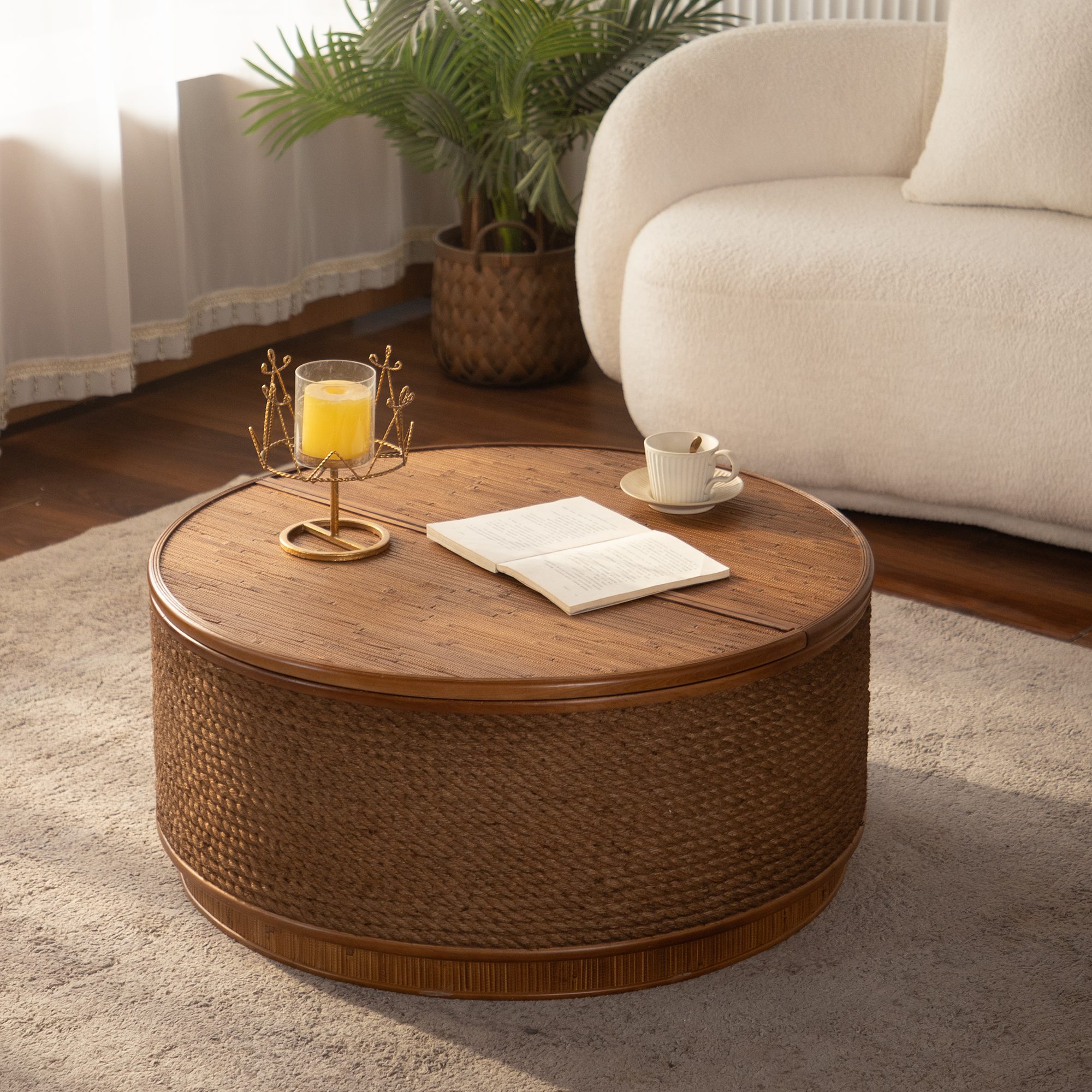 14 Round Woven Rope Storage Coffee Table - Natural Wood & Rope Accent Table with Lift-Top Compartment - Image 1