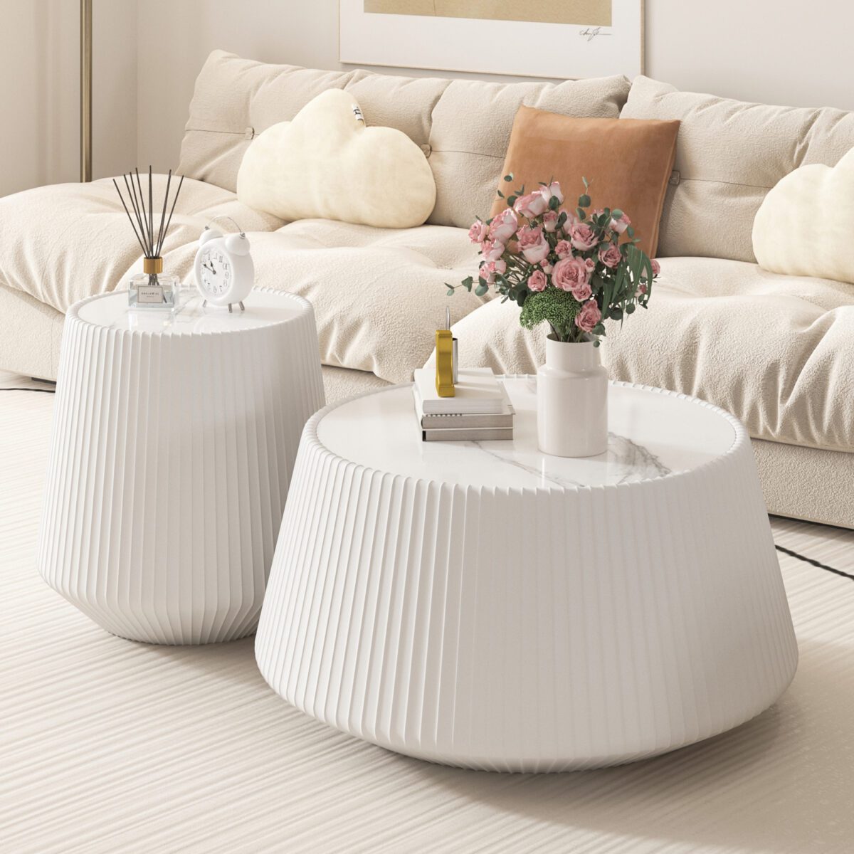 White Round Pleated Coffee Table - Marble Top & PU Leather Base Modern Accent Table - Image 2