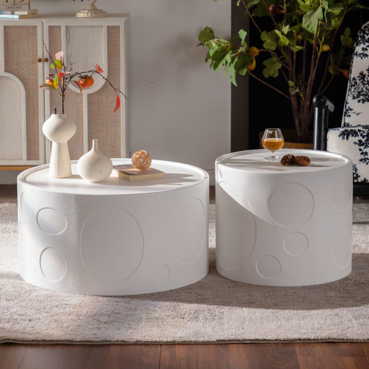White Embossed Cylinder Side Table - Modern Textured Round Accent Table - Image 4
