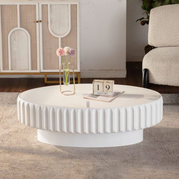 White Fluted Round Storage Coffee Table - Modern Ribbed Accent Table with Hidden Compartment