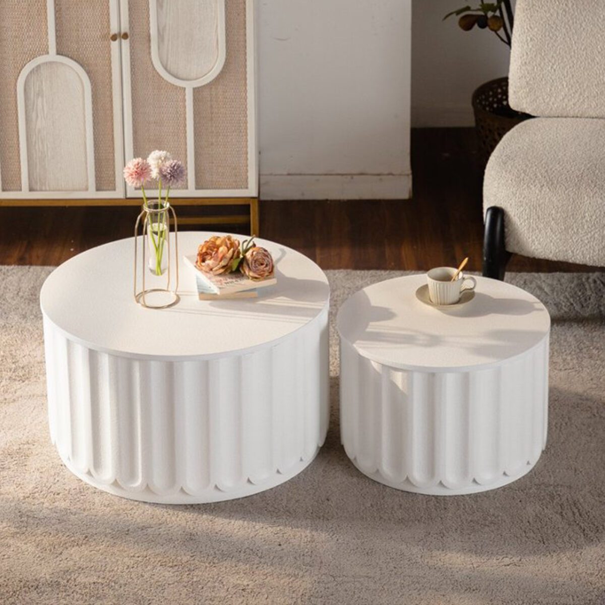 Set of 2 White Fluted Nesting Storage Tables - Modern Ribbed Accent Tables with Lift-Off Lids - Image 2