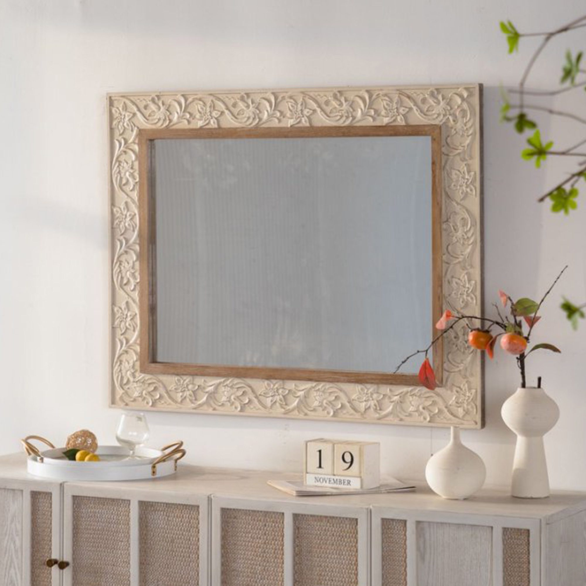 2 Ornate Carved Floral MDF Wall Mirror - Vintage Cream & Natural Wood Accent Mirror - Image 1