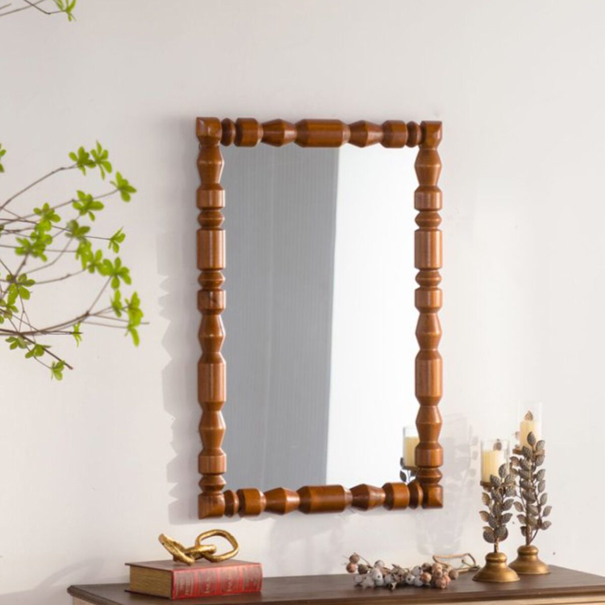 Carved Wood-Look Rectangular Wall Mirror - Vintage Spindle Frame Accent Mirror - Image 2