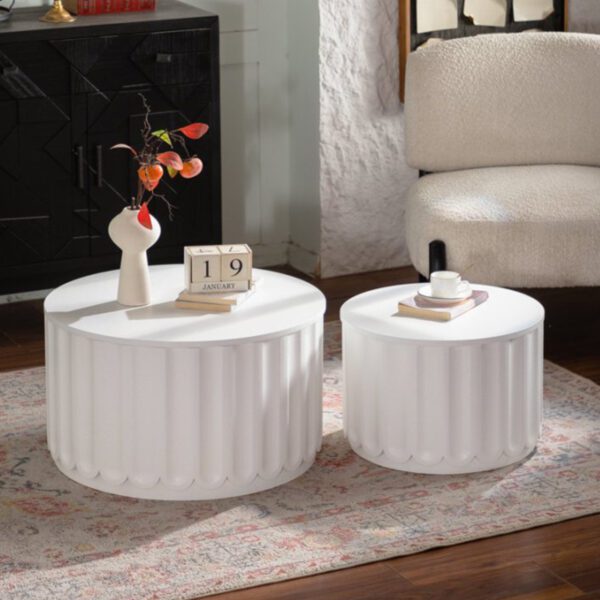 Set of 2 White Fluted Nesting Storage Tables - Modern Round Accent Coffee & Side Tables