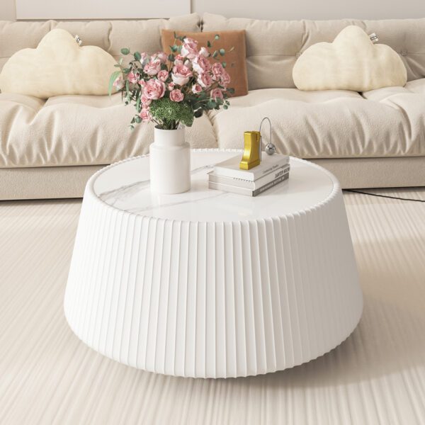 White Round Pleated Coffee Table - Marble Top & PU Leather Base Modern Accent Table