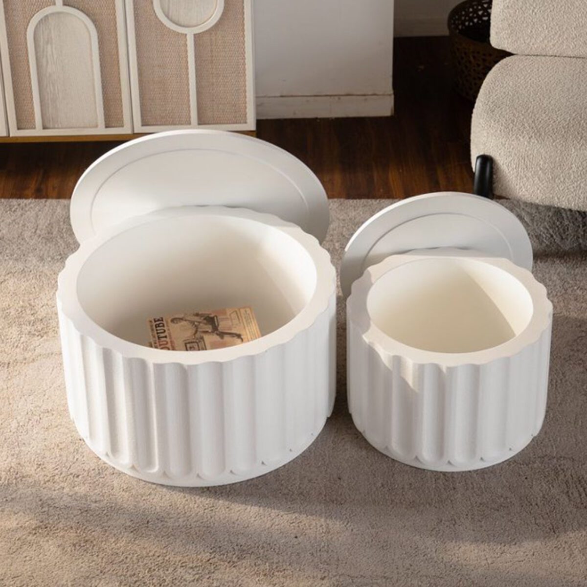 Set of 2 White Fluted Nesting Storage Tables - Modern Round Accent Coffee & Side Tables - Image 4