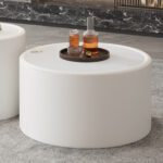 White Round Storage Coffee Table - Tempered Glass Top & PU Leather Cylinder Accent Table