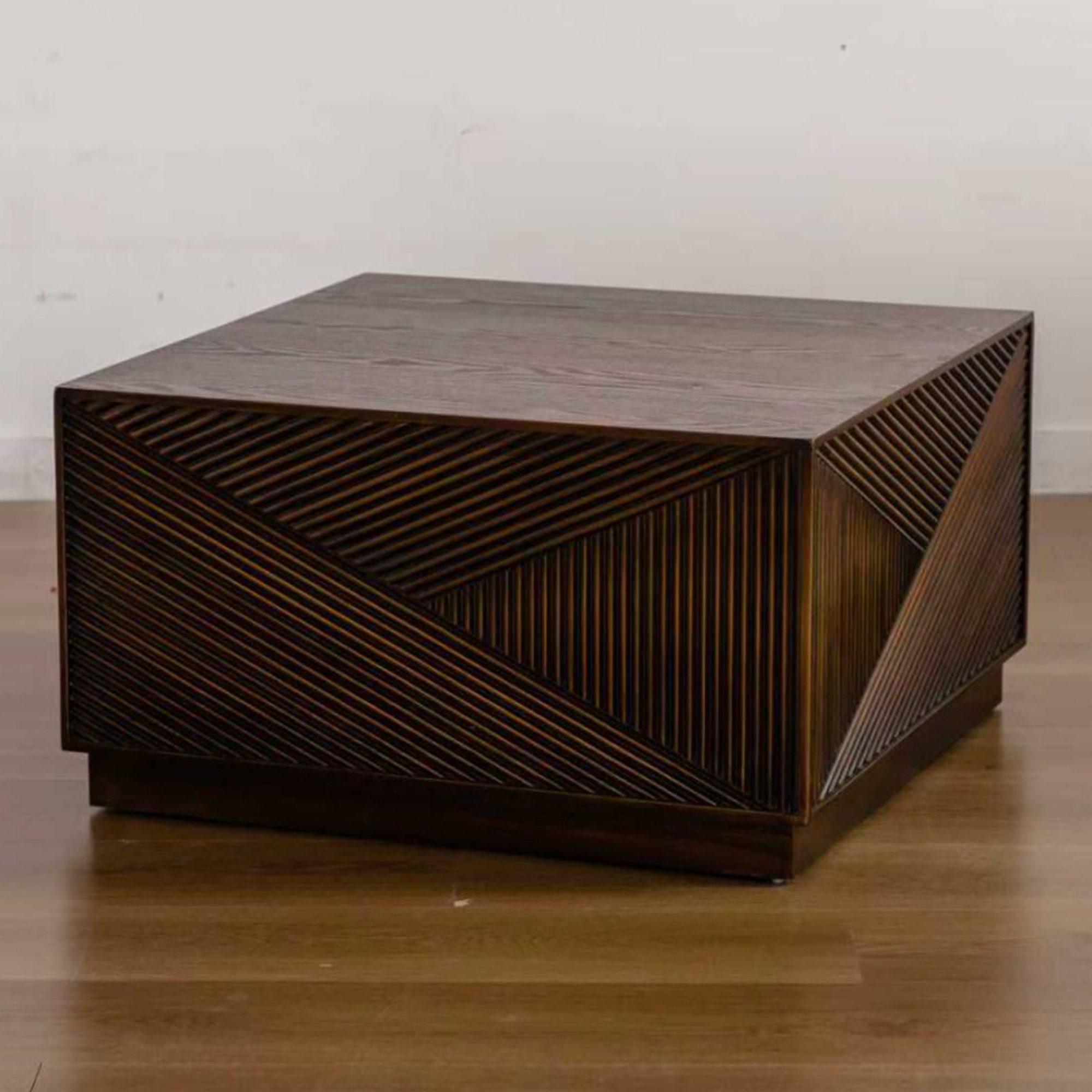 5 Dark Brown Geometric Fluted Cube Coffee Table - Modern Square Accent Table with Textured Panels - Image 1