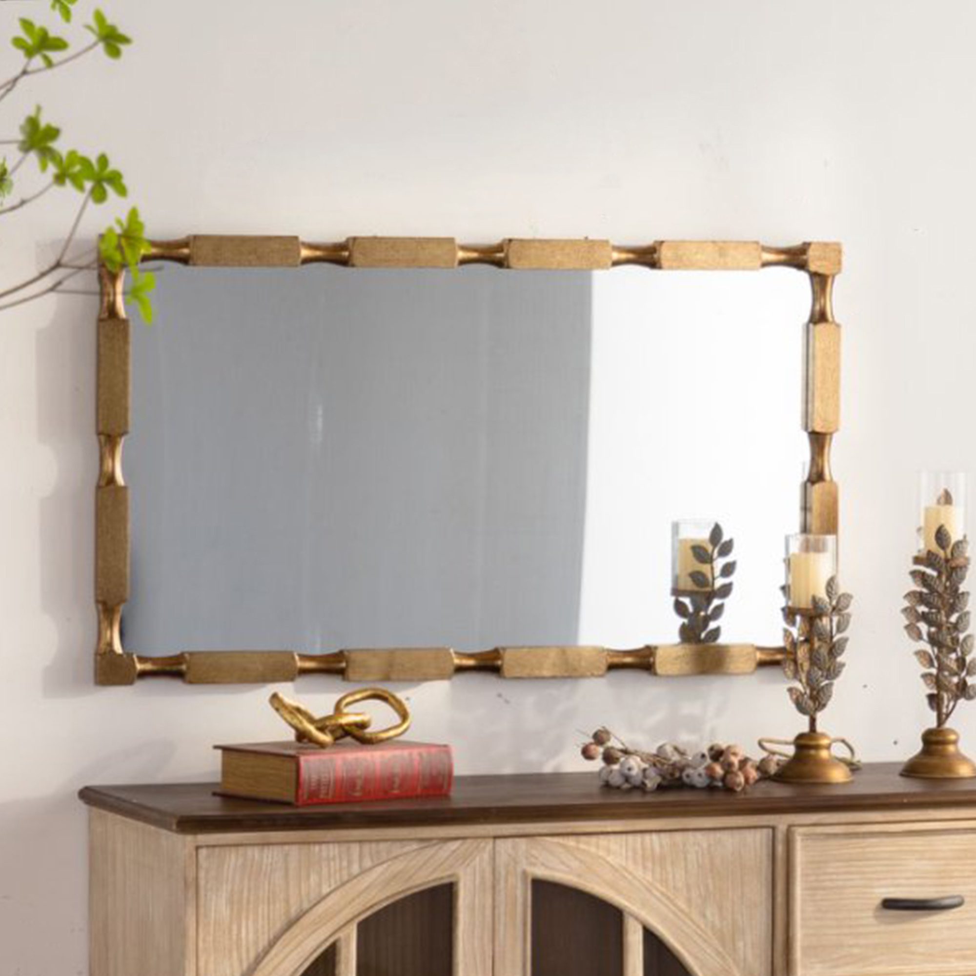 6 Gold Bamboo-Style Rectangular MDF Wall Mirror - Modern Ornate Accent Mirror - Image 1
