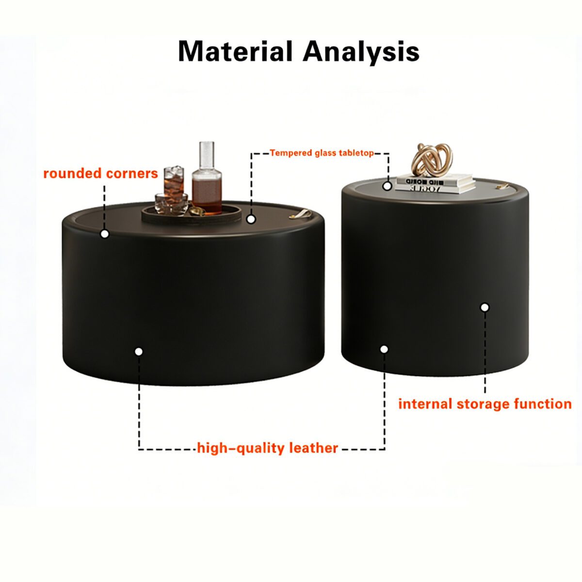 Black Round Storage Coffee Table - Tempered Glass Top & PU Leather Body Cylinder Accent Table - Image 4