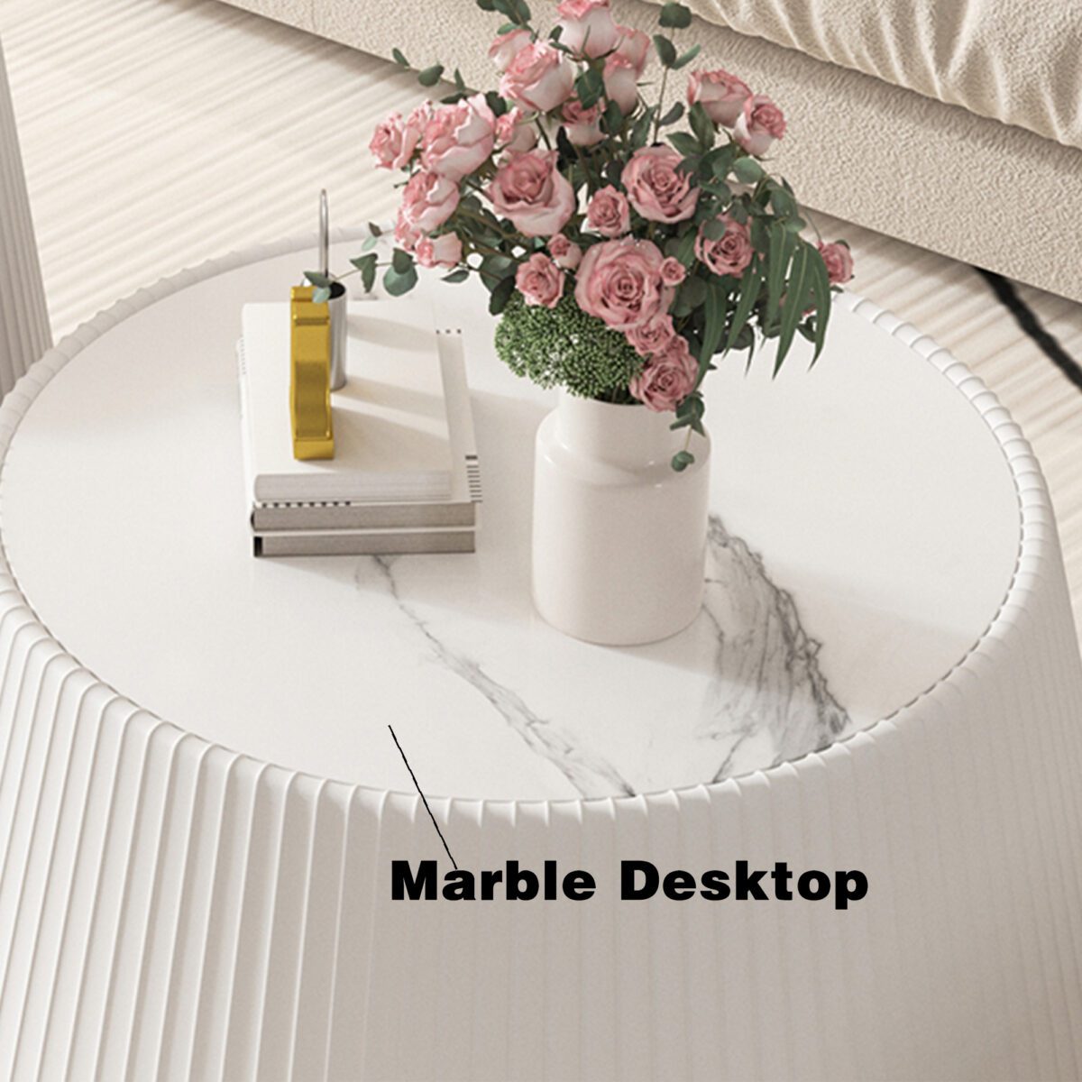 White Round Pleated Coffee Table - Marble Top & PU Leather Base Modern Accent Table - Image 4
