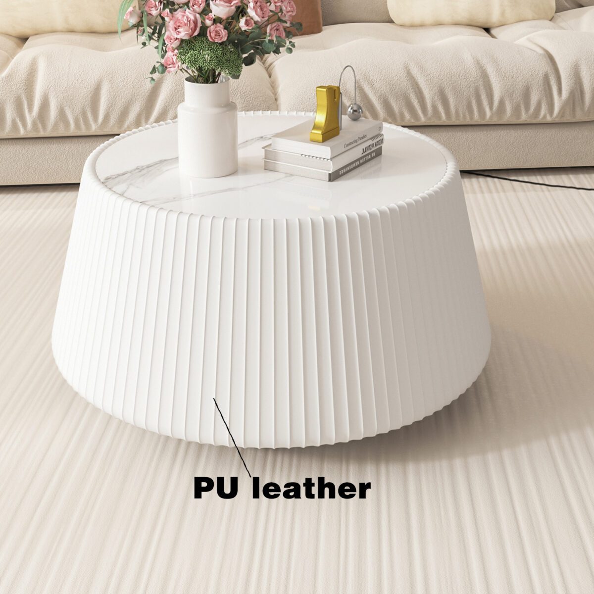 White Round Pleated Coffee Table - Marble Top & PU Leather Base Modern Accent Table - Image 5
