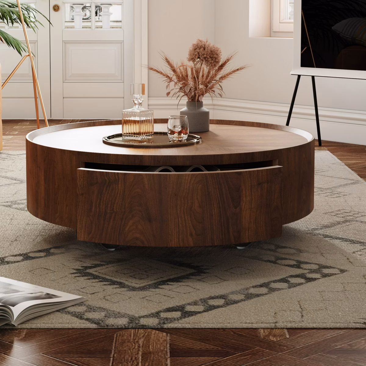 Arbol Manualidad Mid-Century Walnut Round Coffee Table, 35.4" Center Table with Two Storage Drawers and Non-Slip Feet - Image 3