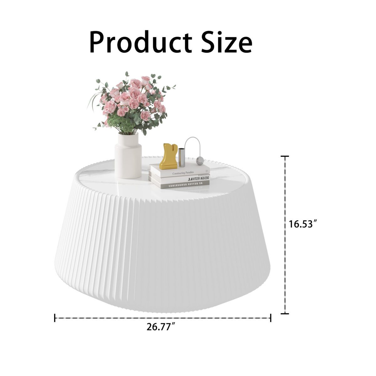 White Round Pleated Coffee Table - Marble Top & PU Leather Base Modern Accent Table - Image 6