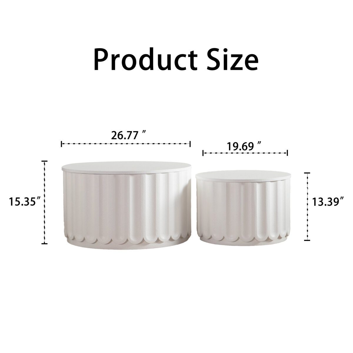 Set of 2 White Fluted Nesting Storage Tables - Modern Round Accent Coffee & Side Tables - Image 5