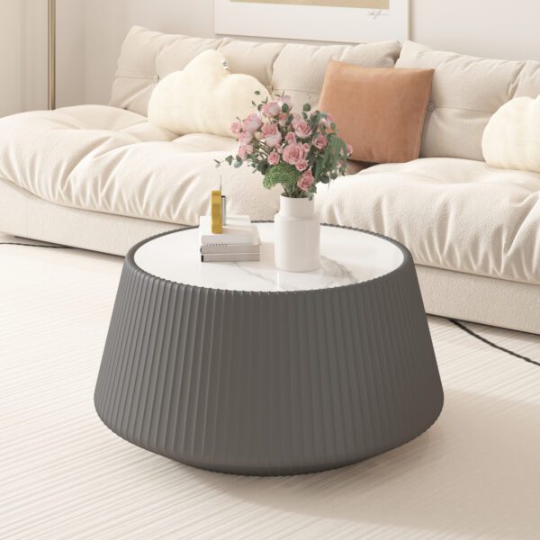 Round Faux Marble Top Coffee Table with Vertical Fluted PU Leather Wrapped Drum Base, Modern Minimalist Accent Table