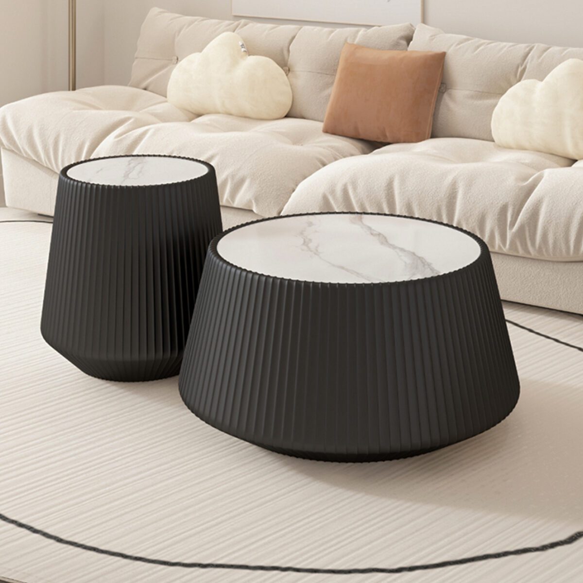 Black Round Faux Marble Top Coffee Table with Vertical Fluted PU Leather Drum Base, Modern Minimalist Living Room Accent Table - Image 2