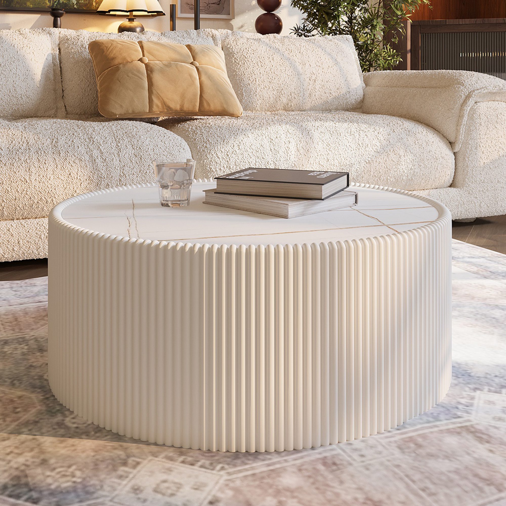 1 Round Faux Marble Top Coffee Table with Vertical Fluted PU Leather Drum Base, Modern Cream White Living Room Center Table - Image 1