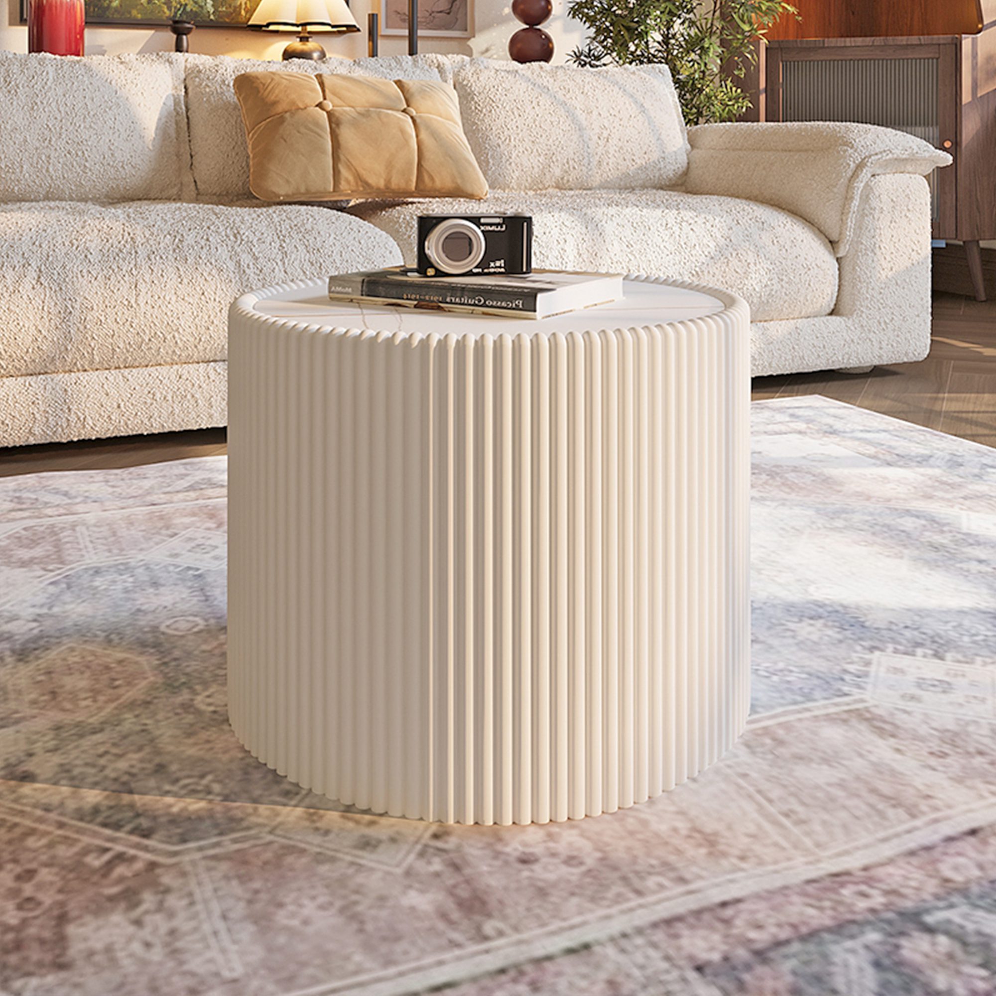 1 Round Faux Marble Top Side Table with Vertical Fluted PU Leather Cylinder Base, Modern Cream Accent End Table - Image 1