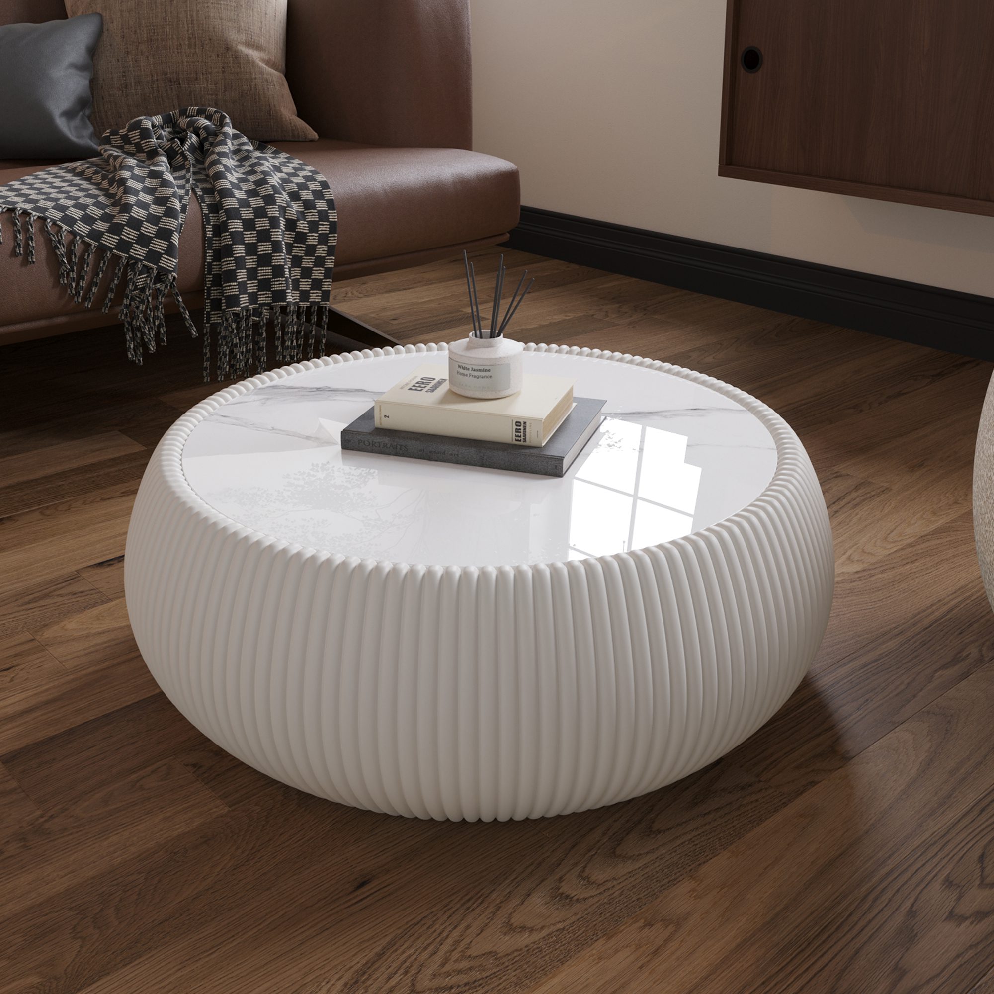 1 White Round Faux Marble Coffee Table with Vertical Fluted PU Leather Hollow Drum Base, Modern Minimalist Living Room Center Table - Image 1