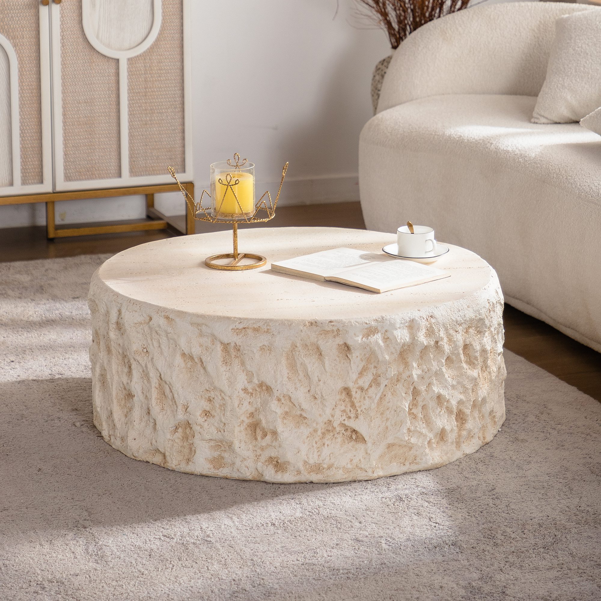 1 Round Travertine-Effect MDF Coffee Table - Organic Drum Accent Table - Image 1