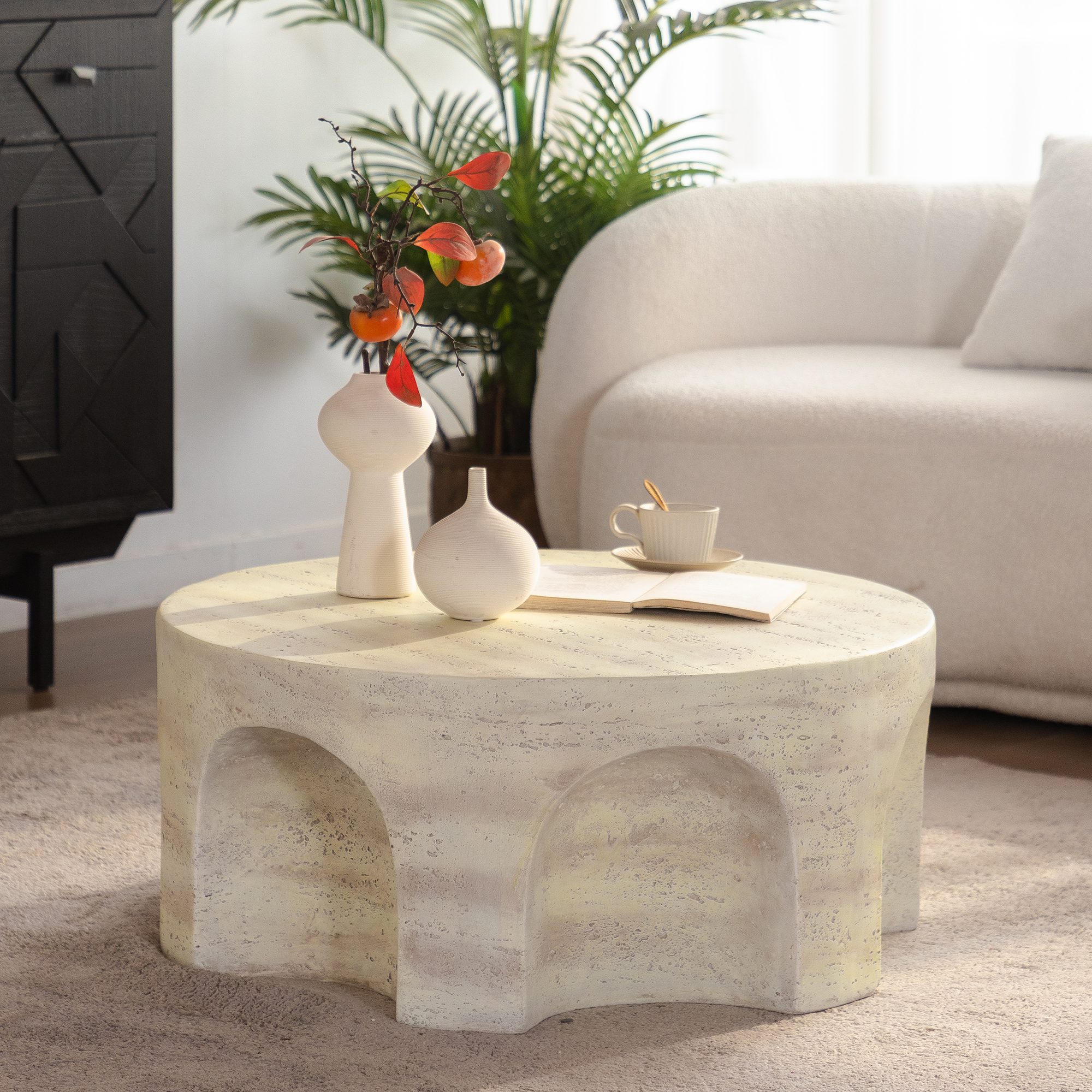 1 Round Travertine-Effect MDF Coffee Table - Modern Organic Accent Table with Arched Cutouts - Image 1