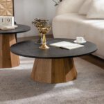 Two-Tone Round MDF Coffee Table - Modern Pedestal Accent Table with Wood Veneer Finish