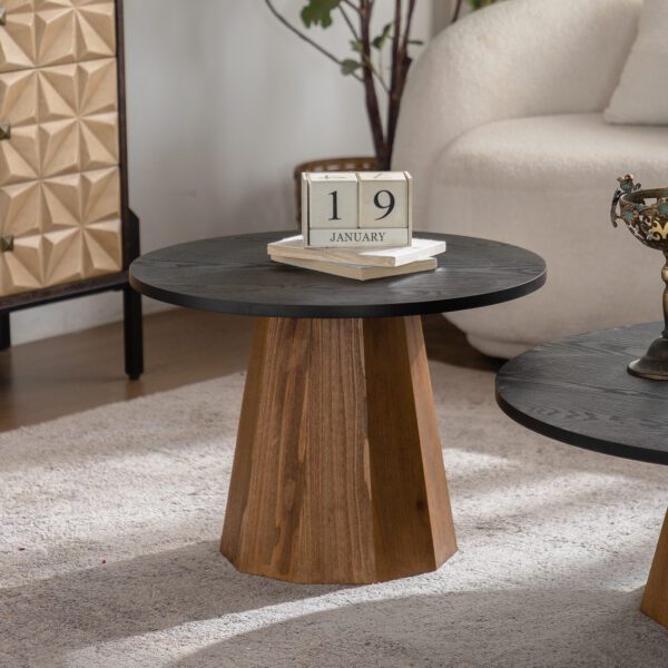 Two-Tone Round MDF Side Table - Modern Faceted Pedestal Accent Table