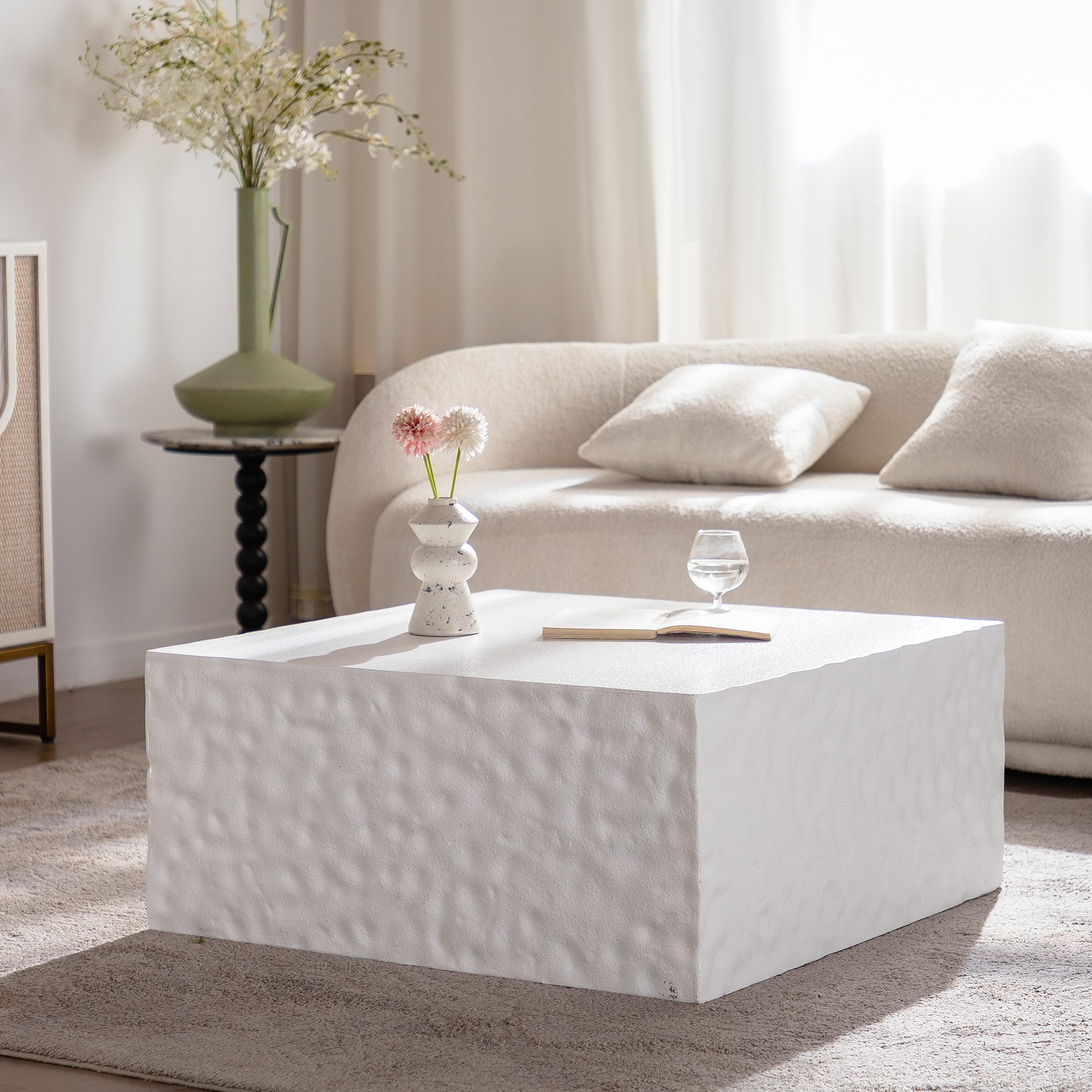 1 White Hammered-Textured MDF Cube Coffee Table - Modern Square Block Accent Table - Image 1