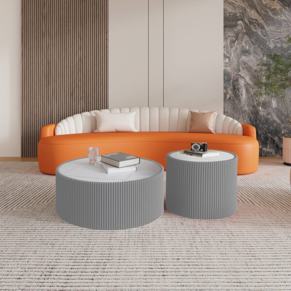 Set of 2 Nesting Round Coffee Tables, Faux Marble Top with Vertical Fluted PU Leather Hollow Drum Base Accent Table Set(Grey)