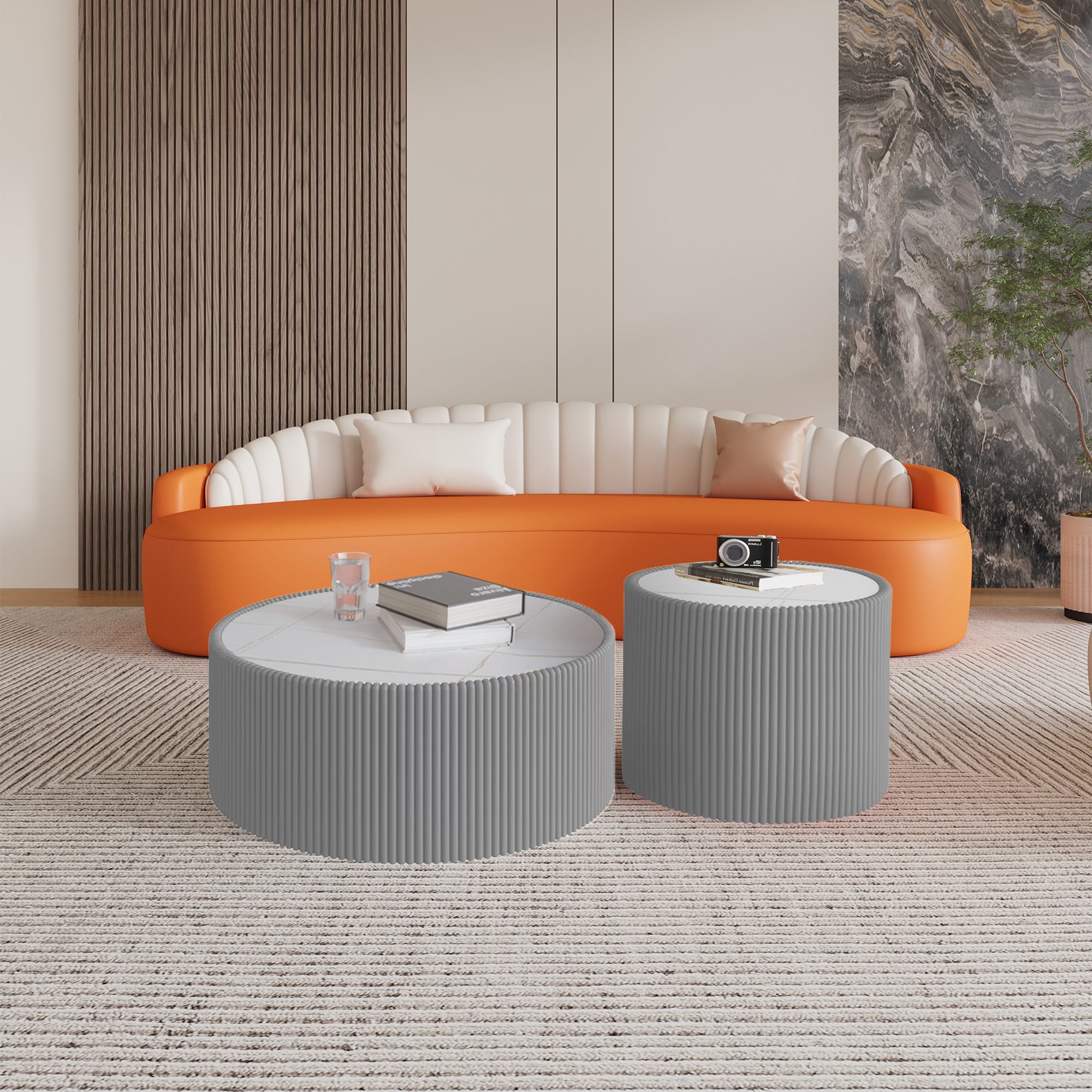 2 Set of 2 Nesting Round Coffee Tables, Faux Marble Top with Vertical Fluted PU Leather Hollow Drum Base Accent Table Set(Grey) - Image 1