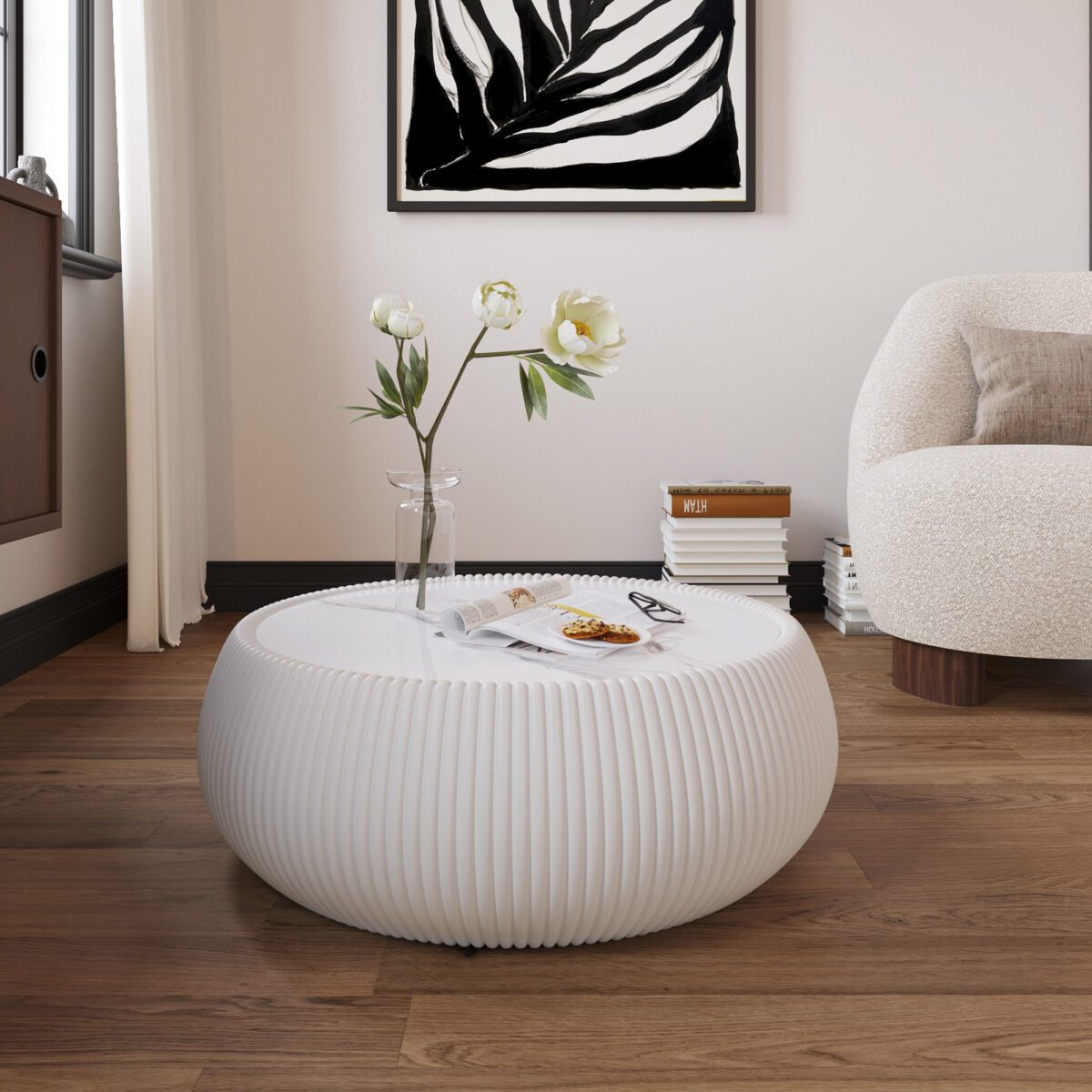 White Round Faux Marble Coffee Table with Vertical Fluted PU Leather Hollow Drum Base, Modern Minimalist Living Room Center Table - Image 2