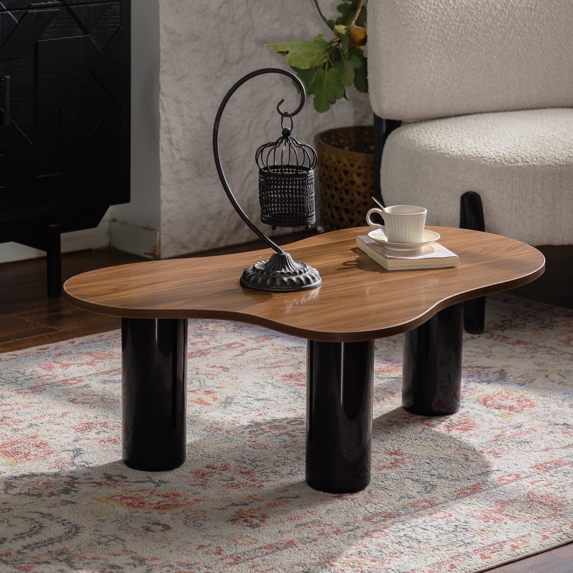 2 Irregular Organic Walnut Grain MDF Coffee Table, Modern Gloss Cylindrical Leg Accent Table - Image 1