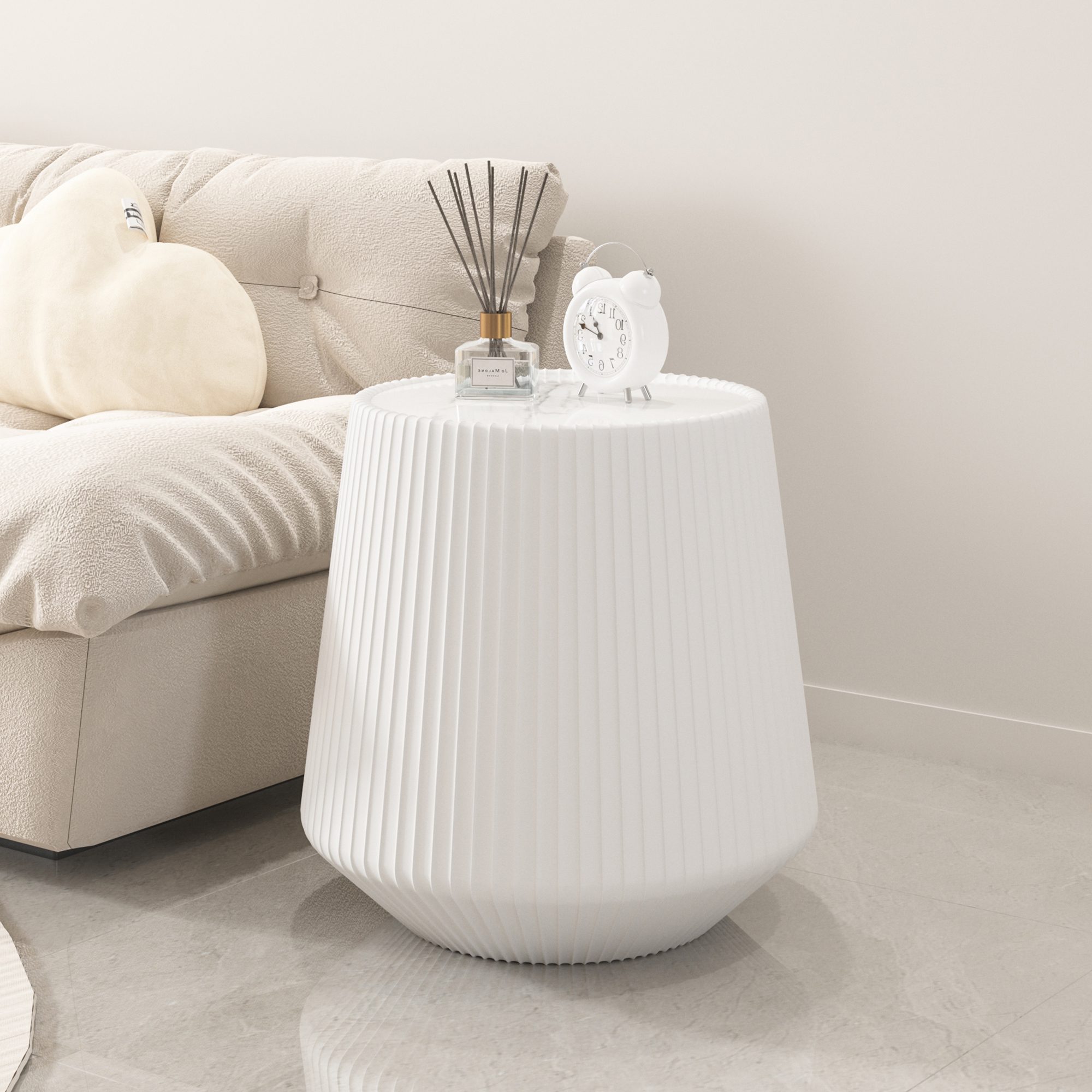 3 White Round Faux Marble Top End Table with Vertical Fluted PU Leather Tapered Base, Modern Cone-Shaped Accent Side Table - Image 1