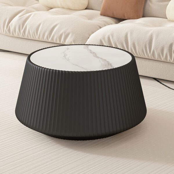 Black Round Faux Marble Top Coffee Table with Vertical Fluted PU Leather Drum Base, Modern Minimalist Living Room Accent Table