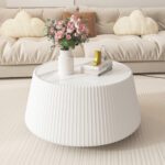 White Round Faux Marble Coffee Table with Vertical Fluted PU Leather Drum Base, Modern Minimalist Living Room Accent Table