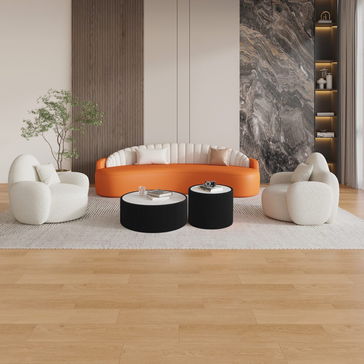 Set of 2 Nesting Round Coffee Tables, Faux Marble Top with Vertical Fluted PU Leather Hollow Drum Base Accent Table Set - Image 5