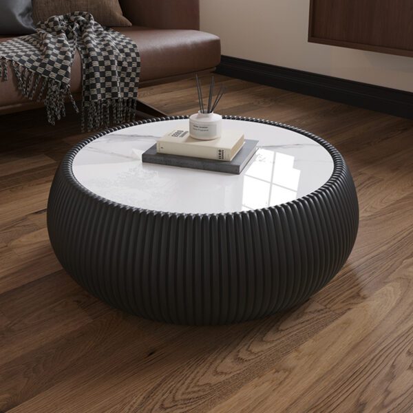 Black Round Faux Marble Coffee Table with Vertical Fluted PU Leather Hollow Drum Base, Modern Minimalist Living Room Center Table